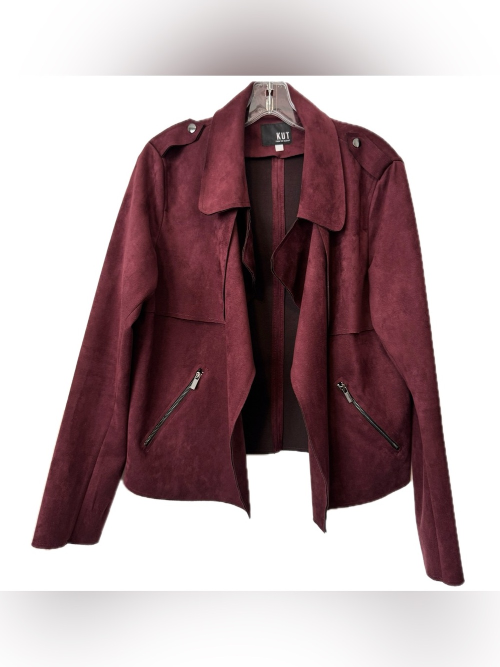 KUT From The Kloth Burgundy Faux Suede Moto Jacket Size XL Draped Open Front